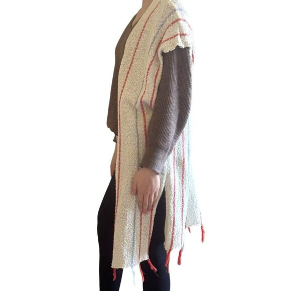 Women's cotton knit ivory stripe fringe boho duster cover up size s/m - Picture 8 of 9